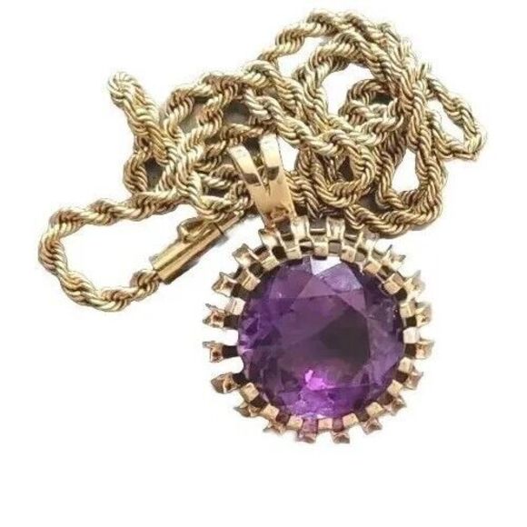 Vintage 14K Yellow Gold 21.2 mm Natural Amethyst Pendant Chain Necklace 20.7 gms - Picture 3 of 9